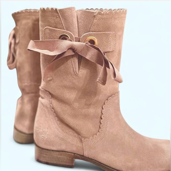 🎉HP! Italian Designer Distressed Suede Ribbon Detail Moto Boots (EUC) - Picture 6 of 9